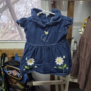 Girls Denim Floral Embroidered Casual Dress - Blue